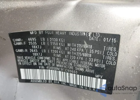 2015 Subaru Outback 2.5I Limited from USA, damaged, VIN 4S4BSBNC9F3289660
